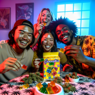 A happy group of pals enjoying cannabis gummies at a party.